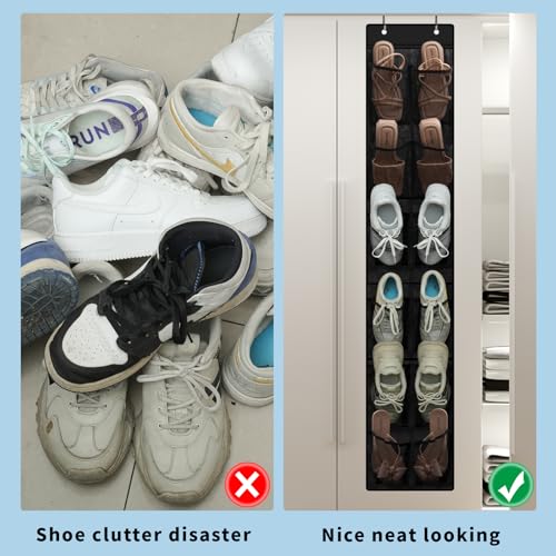 MSLOVE Narrow Over The Door Shoe Organizer, 12 Large Mesh Pockets Hanging Shoe Organizer for Closet Organizers and Storage, Black, 2 Pack - color: Black