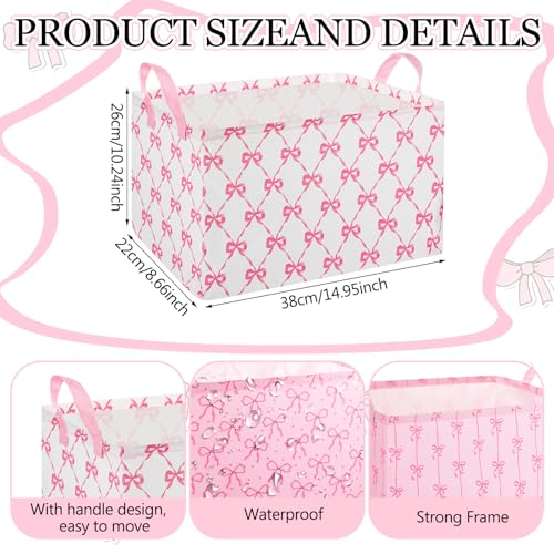 Geelin 3 Pcs Pink Bow Storage Baskets, Foldable Cute Pink Storage Bins with Handles, Coquette Preppy Girly Organizer Boxes for Closet Shelf Nursery Bedroom Decorative Room Decor - style: Pink Bow