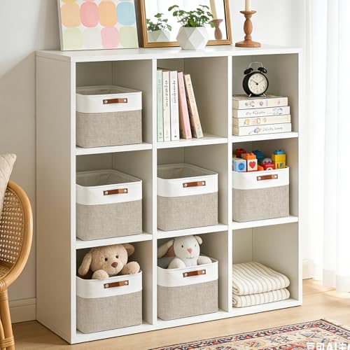 Bagnizer Collapsible Fabric Storage Cubes 11x11 Cube Storage Bins, 4 Pack Closet Baskets Box with Handles for Organizing, Shelf, Toys, Clothes, Home, Office, Nursery (Beige&White) - color: Beige / Off-White, size: Cube - 11"x11"x11"