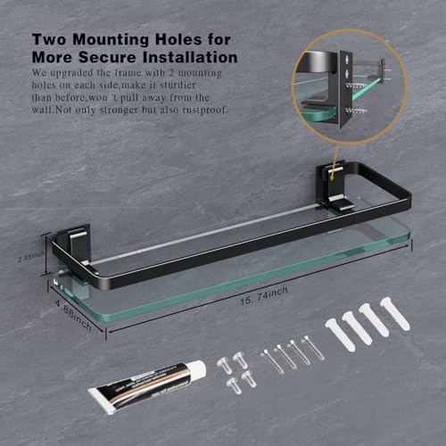 VOLPONE Bathroom Wall Shelf 15.7in Bathroom Glass Shelves Wall Mount Glass Shelf Rustproof Bathroom Wall Organizer 3 Tier (Black) - style: 3 tier without towel bar black