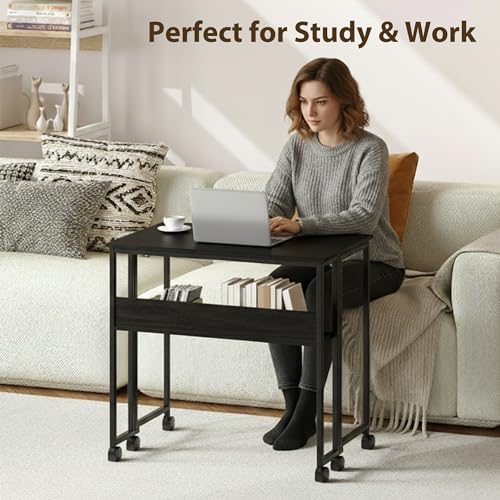 Folding Desk Small Rolling Desk with Storage Shelf,24.8 Inch Foldable Computer Table with Wheels,Portable Office Desk for Small Space Sofa Table,Easy to Fold,Writing Work Office Computer Desk,Black - color: 24.8" Black