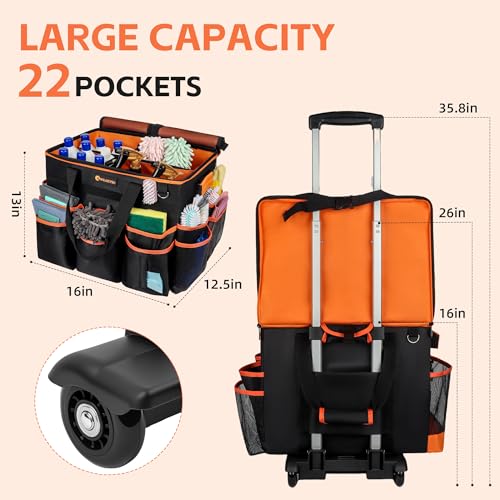 WILAXI PRO Large Rolling Cleaning Caddy with Wheels and Detachable Trolley, Extra Large Water-Resistant Cleaning Cart for Housekeepers, Cleaning Supplies Organizer with Multi-Pockets Tools Storage
