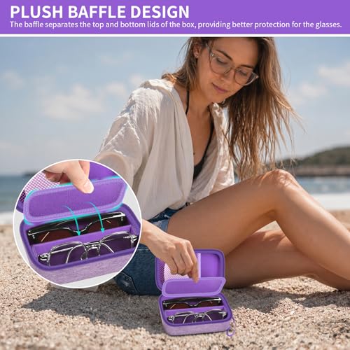 GWCASE Travel Glasses Organizer & Contact Lens Case - Adjustable Slots, Built-in Mirror, Tweezers, Solution Bottle & Hand Strap, Universal Fits Eyelasses/Sunglasses for Men & Women – Purple - color: Purple