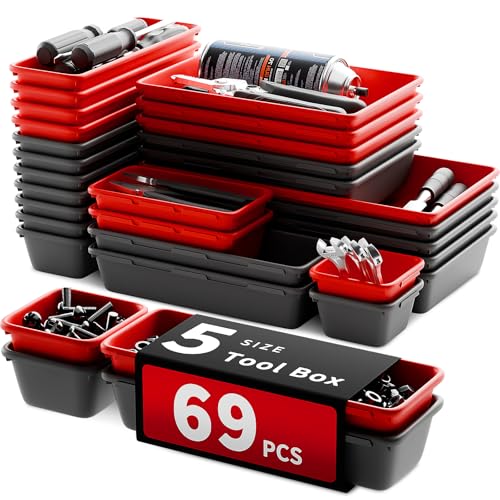 [5 Sizes] [69 PCS] Tool Drawer Organizer, Desk Tray, Rolling Chest, Toolbox (Black+Red) - color: Black+Red