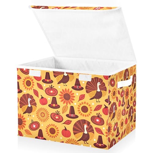 xigua Thanksgiving Sunflower Turkey Storage Bins with Lids and Carrying Handle,Foldable Storage Boxes Organizer Containers Baskets Cube with Cover for Home Bedroom Closet Office - color: Thanksgiving Sunflower Turkey