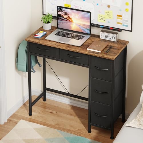 HIGDBFE Small Desk with 5 Fabric Drawers, 33 Inch Writing Desk for Home Office, Simple PC Desks for Small Place, Kids Girls Teen Study Table Vanity for Bedroom, Dorm, Rustic Brown, 14" D - color: Rustic Brown