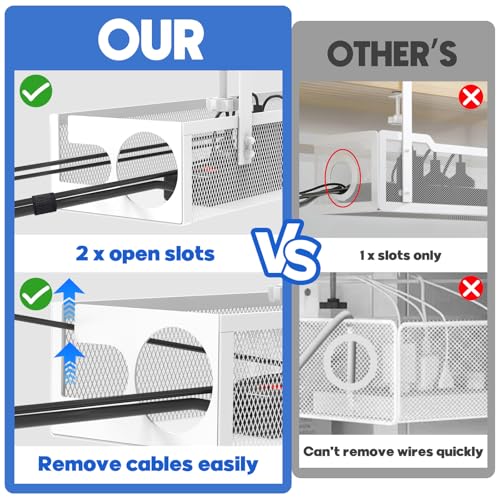 Under Desk Cable Management Tray No Drill 15.1’’, Metal Mesh Cable Management Box with Hybrid Side Slots & Reinforced Basket,Adjustable Cable Tray with Wire Management for Office Home,1 Pack (White) - color: White