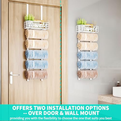 HapiRm Towel Racks for Bathroom Storage - 6 Tier Over The Door & Wall Mount Rolled Towel Storage Organizer Holder with Metal Shelf Basket for Small Bathroom, Camper, Rv - White, Patented - color: White, size: 6-Tier