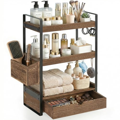 3-Tier Bathroom Counter Organizer with Drawer Basket and Hooks, Wood Bathroom Organizers and Storage for Countertop, Farmhouse Dark Brown Countertop Organizer, Counter Shelf for Vanity, Kitchen,Office - color: Brown