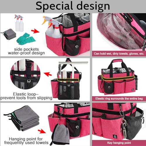 Large Cleaning Caddy Bag Built-in Sturdy Support Board, Cleaning Organizer with Detachable Divider, Cleaning Supply Tote with Adjustable Shoulder Strap&Waist Belt for Cleaners & Housekeeper - color: Rose Red