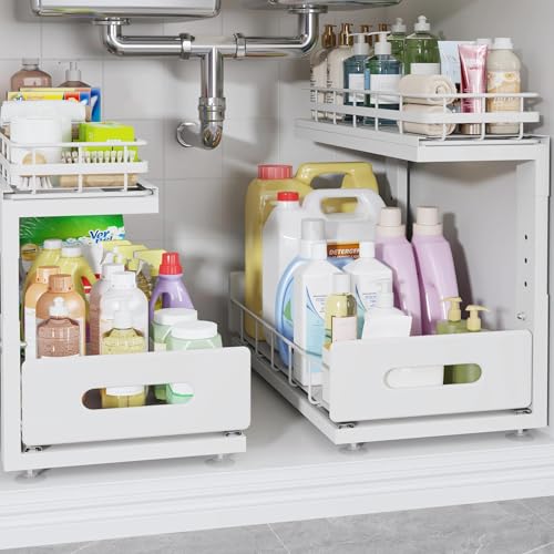 Under Sink Organizer Upgrade To Professional Rails,2-Tier Dual Pull Out Cabinet Storage,Height Adjustable Slide Out Drawers For Bathroom Kitchen,2 Pack-16.7"Dx12.8"-16.9"H,White - color: White, size: 2 Pack-16.7"Dx12.8"-16.9"H