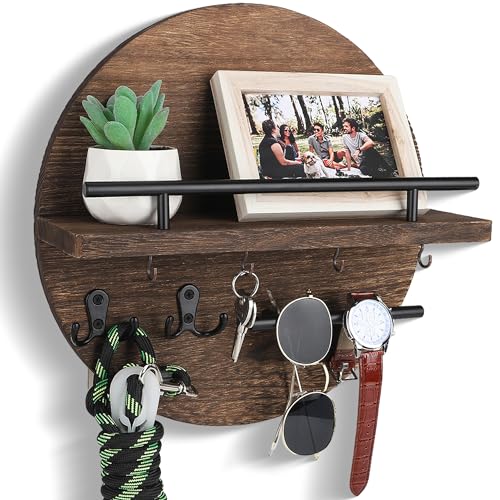 Key Holder for Wall Decorative with Shelf and Hooks, Unique Mail Organizer Wall Mount with Sunglasses Holder, Cute Circular Design Entryway Key Rack Hanger, Rustic Home Decor Boho Wall Decor - color: Brown