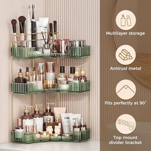 BEFSOP Corner Bathroom Counter Organizer, Upgraded 3-Tier Makeup Organizer Countertop with Makeup Brush Holder, Skincare Exquisite Vanity Organizers Countertop Bathroom Storage Dresser(Green) - color: Green, size: 3 Tier