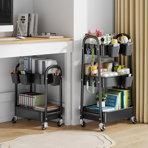 2 Tier Rolling Cart Metal on Wheels, Two Tiered Short Storage Side Table with Wheels, Heavy Duty Under Desk Mobile Trolley, Small Utility Organizer Carts for Craft, Art, Office, Kitchen, Black Basket - color: Matte Black, size: 2 tier