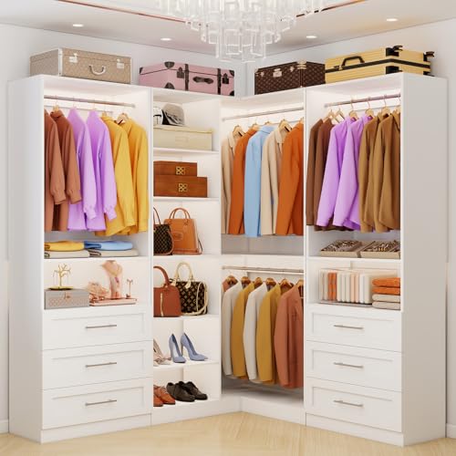 Closet System with 6 Drawers, Corner Closet Organizer Systems with 8 Shelves & 7 Hanging Rods L-Shaped Walk in Closet Freestanding Corner Tower Modular Storage System 3 Sets 2100+ Lbs Capacity White - color: 3 Sets - 86.8''