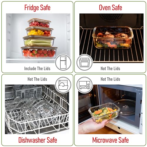 Glass Container Set with Acacia Lids - 4 Stackable Meal Prep Containers. Durable heat resistant Inert Borosilicate Glass - color: 4 Containers with Acacia Lids