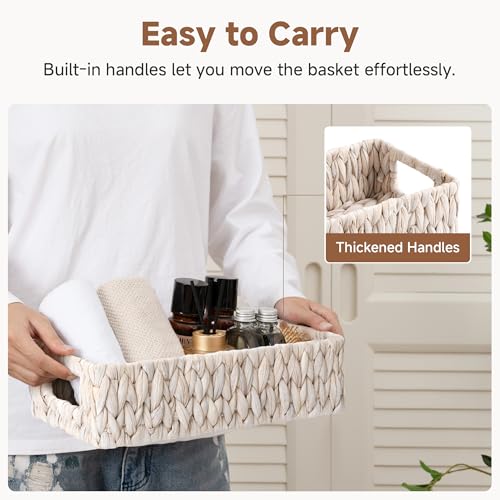 StorageWorks Wicker Toilet Paper Basket for Back of Toilet Baskets, Water Hyacinth Bathroom Basket Organizer and Storage for Tank Topper, Small Tank Trays for Decor with Built-in Handles, White - color: White (Water Hyacinth)
