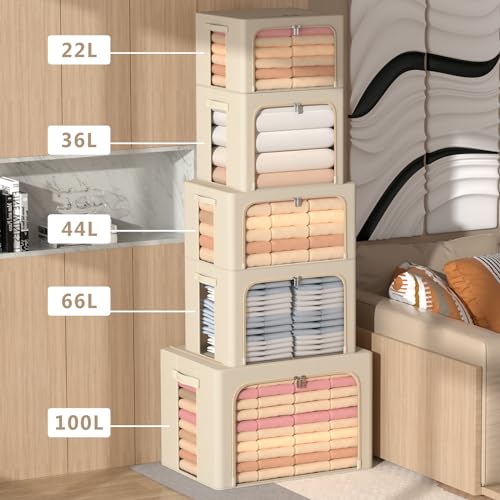 CYhom 3Pack Frame Storage Box - Clothes Storage Bin Bags Oxford Fabric Foldable Stackable Container Organizer Set with Clear Window & Carry Handles Large Capacity (Beige, Extra Large-100L) - color: Beige, size: Extra Large-100L