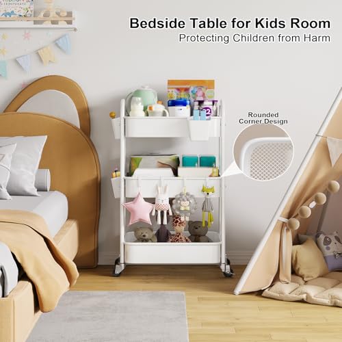 3 Tier Rolling Cart Metal with Wheels, Heavy Duty White Three Tiered Craft Cart Organizer on Wheels, Utility Roller Storage Carts for Art, Baby Nursery, Diaper Caddy, Snack,Book,Nail,Cleaning Supplies - color: Pure White, size: 3 Tier+Cups+Hooks