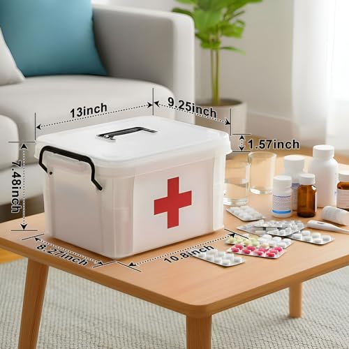 15QT Clear Medicine Organizer Box with Handle, Plastic Medicine Container with Tray First Aid Box Empty, Thickened Medicine Storage Organizer Multipurpose Medication Organizer Storage, White - color: White