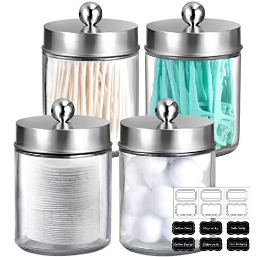 Amolliar 4Pc Apothecary Jars Bathroom Vanity Storage Organizer Set -Countertop Canister with Stainless Steel Lids &Stickers - Qtip Dispenser Holder for Qtip,Cotton Swab,Makeup Sponge (Brushed Nickel) - color: Brushed Nickel