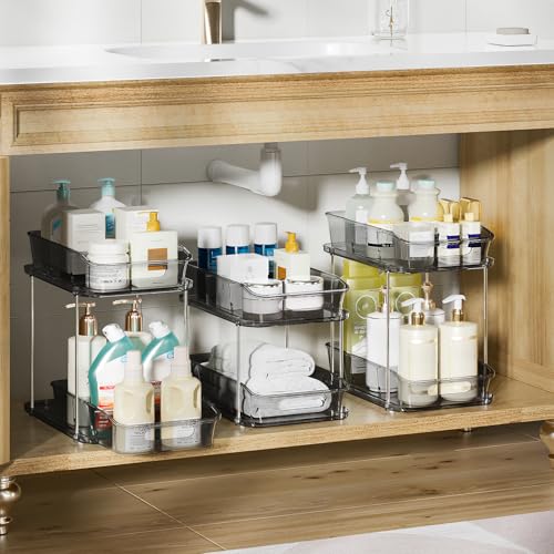 Delamu 2-Tier Under Sink Organizers and Storage, Multi-Purpose Stackable Bathroom Cabinet organizers, Pull Out Kitchen Pantry Organization and Storage with Dividers(3 Pack, Grey) - color: Grey, size: 3 Pack