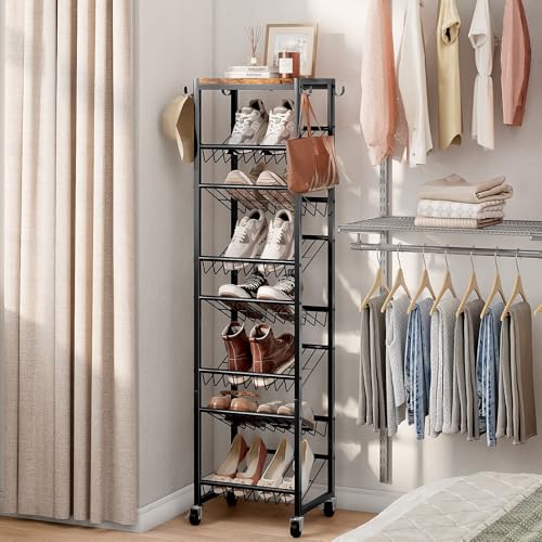 8 Tier Rotating Vertical Shoe Rack Tower, Wooden Tall Shoe Storage Organizer with Hooks, Sturdy Metal Narrow Shoe Shelf for 8-16 Pairs, Space Saving Rack for Closet Entryway, Rustic Brown - size: 8-tier(13.9 × 11.2 × 52.0)