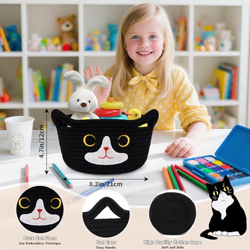 Cat Basket for Nursery, Small Storage Basket, Black Woven Rope Cotton Storage, Baby Blanket Bin with Cat Ears Handles, Animal Blanket Towel Halloween Decor Storage Bins, 8.2" x 4.7" IN - color: Black White, size: 9 × 5 inches