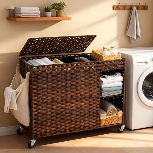 Laundry Hamper with Lid, 160L Rattan Wicker Laundry Basket with Wheels, Handwoven Laundry Hamper 3-Section with Storage shelf(42.3 Gal), Laundry Sorter Basket with Removable Liner,Brown HLH033BR - color: Brown, size: 33.5”L x 13”W x26.4”H
