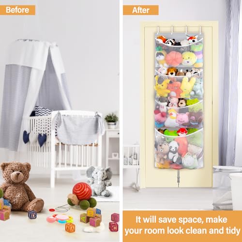 Woodoulogy Hanging Stuffed Animal Storage, Over Door Large Plush Toy Organizer with Metal Hook, Baby Accessory Holder Idea for Nursery, Doll & Bear Mesh Hammock Bag for Girl Boy Kid Room - color: Grey