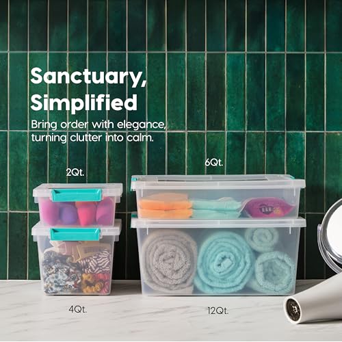 IRIS USA 6 Qt. Craft Storage Bins with Lids, 3-Pack, |Made in USA|, Clip Box, Small Plastic Sensory Bin Tote Organizer Containers for Art Supplies, Paper, & Office, Stackable - Clear/Seafoam Blue - size: 6 Qt. - 3 Pack