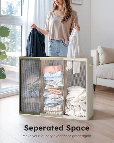 SOLEDI 180L 3-Section Laundry Hamper with Lid, Extra Large Dirty Clothes Basket with Sturdy Handles for Laundry Room & Bedroom - Durable Organizer for Sorting Laundry - color: Green/Grey/White, size: 180L