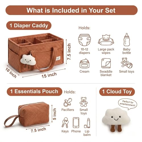 PeraBella Baby Diaper Caddy Organizer, Baby Basket Shower Gift, Portable Changing Table Basket, Postpartum Caddy & Tote Bag Pouch, Newborn Boy & Girl Nursery Essentials Registry, Car Diaper Organizer - color: Cinnamon