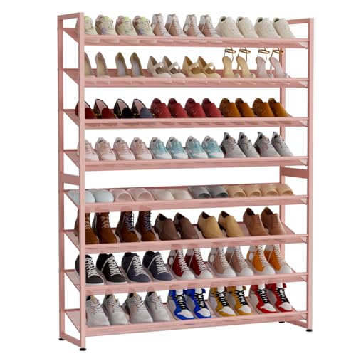 Large Shoe Rack 8 Tier Shoe Organizer, Heavy Duty Metal 4-Tier Stackable Shoe Storage Vertical Shoe Rack for Closet Front Door Entrance, Up to 50 Pairs, 44.8" W x 11.4" D x 56.7" H, Pink - color: Pink, size: 8 Tier