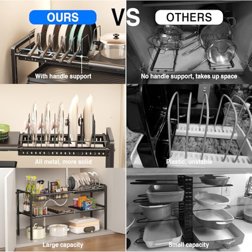Mustorn Pots and Pans Organizer Under Cabinet, Expandable 2 Tier Under Sink Organizers Storage Adjustable Height Kitchen Pot and Pan Lid Holder Rack with 6 Dividers(4panels,2baskets,1 Pot rack,Black) - size: 4panels &2baskets &1 pot rack-2 Tier