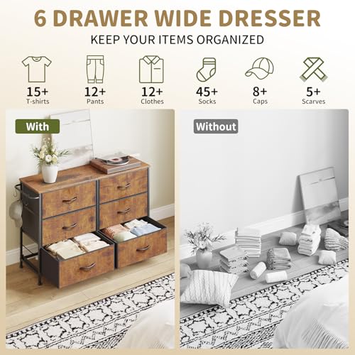 Dresser for Bedroom with 6 Drawers, Small Fabric Dresser for Kids Bedroom, Chest of Drawers, Storage Organizer Dresser for Closet, Nursery, Dorm, Apartment, TV Stand, Wood Top Side Hooks, Rustic Brown - color: Rustic Brown, size: 11.8"D x 39.4"W x 25.6"H