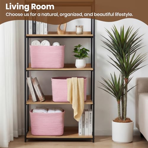 Storage Baskets for Organizing, 14 x 10 x 9” Closet Shelf Woven Baskets, Square Bins with Handles, Cotton Rope Basket for Toys, Clothes, Office, Room, Pink 1 Pack - color: Pink, size: 1pc