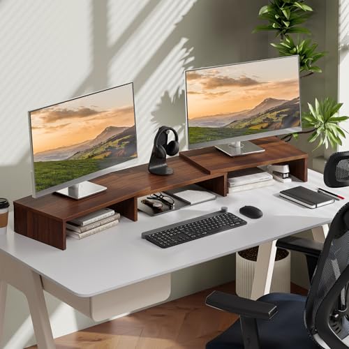FITUEYES Dual Monitor Stand – 3 Shelf Computer Monitor Riser, Wood Desktop Stand with Adjustable Length and Angle, Desk Accessories, Office Supplies Medium Brown, DT108002WB - color: Brown
