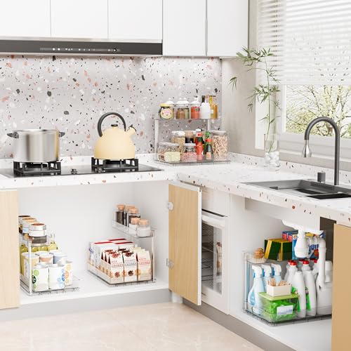 Yieach 2 Pack 14.5″ Deep Pull Out Under Sink Organizer,10.8″ High 2 Tier Slide Out Cabinet Organizer for Kitchen Cabinet,Undersink Organizers,Under Sink Shelves,Bathroom Organizers and Storage,Clear - color: Clear