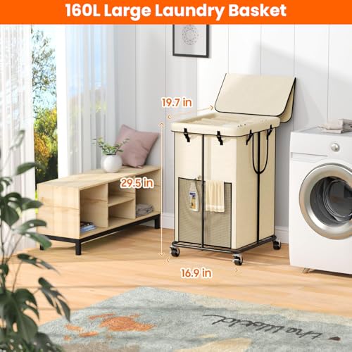 160L Laundry Hamper with Lid, Rolling Laundry Basket with Wheels, Large & Tall Dirty Clothes Hamper with Metal Frame and Removable Bag for Bedroom Aesthetic, Laundry Room, Bathroom, Dorm-White - color: White, size: 42GAL
