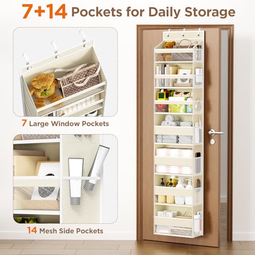 Mefirt Over The Door Organizer, 7 Tier Door Hanging Organizers with 7 Large Pockets 12 Side Pockets, Behind Door Storage Hanging Shelves for Closet Bathroom Bedroom Nursery - color: Beige, size: 7-Tier