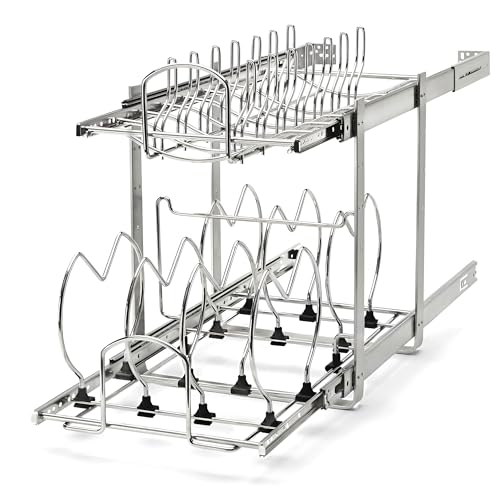 Rev-A-Shelf 2-Tier Kitchen Cabinet Pullout, Cabinet Organizer for Pots, Pans, and Lid Cookware, Adjustable Heavy Duty Wire, Min Opening Width of 11.5", Chrome, 5CW2-1222-CR - size: 12 in.