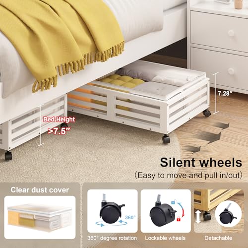 Under Bed Storage Containers With Wheels - 2 Pcs Bamboo Wood Rolling Underbed Shoe Storage Bins With Dust Bags for Clothes Blankets, Duvet Covers Snacks Toys (White) - color: White, size: M