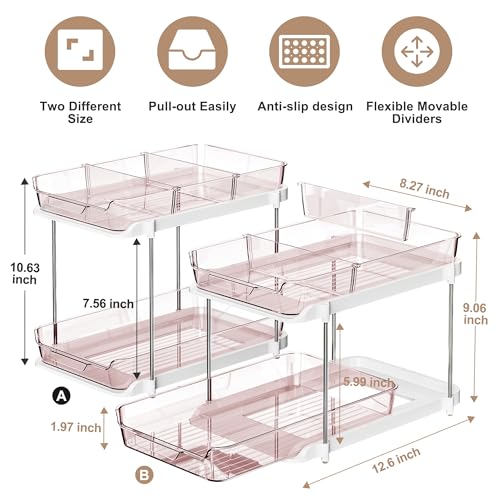Delamu 2-Tier Multi-Purpose Bathroom Under Sink Organizers and Storage, Stackable Kitchen Pantry Organization, Pull Out Medicine Cabinet Organizer with Movable Dividers, Light Pink, 2 Pack - color: Light Pink, size: 2 Pack