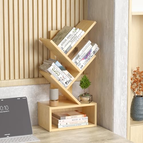 SHEEPAM Small Tree Book Shelf,5 Tier Black Tree Bookshelf,Wood Desktop Bookcase,Modern Desk Display Storage Bookshelves,Floor Standing Organizer Bookcases for Living Room,Bedroom,Office - color: Natural, size: 5 Tier