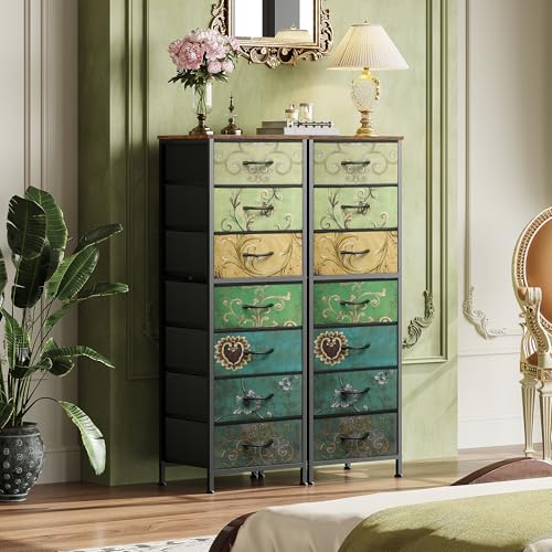 WLIVE Tall Dresser for Bedroom, 7 Drawer Dressers & Chests of Drawers, Fabric Dresser for Closet, Living Room, Night Stand with Metal Frame, Storage Tower with Fabric Bins, Wood Top, Floral Painted - color: Floral Painted, size: 11.73"D x 15.67"W x 45.28"
