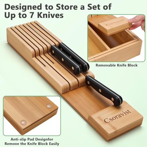 9-Piece Bamboo Kitchen Drawer Organizer Set, Expandable Silverware &Utensil Organizer with Removable Knife Block & Steak Knives, Flatware Organization, Tableware Dividers Storage(Natural) - color: Natural