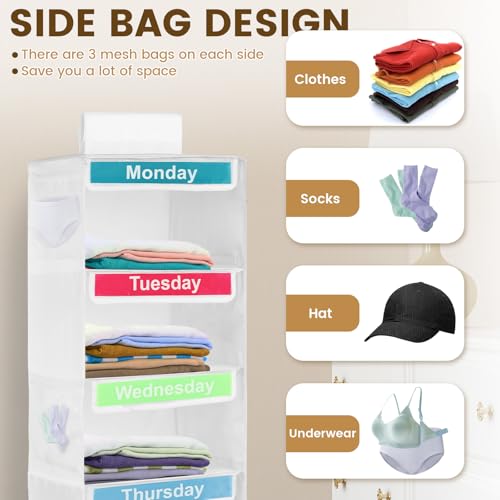 Weekly Clothes Organizer for Kids, Monday-Friday Daily Clothes Organizer and Storage, 5 Shelf Polyester Door Hanging Closet with Color Labels for Days of The Week Clothes Diaper Hats Bags Organization - color: white