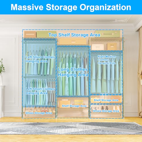 Ulif E13 Heavy Duty Clothes Rack（With 4 Hanger Rods & 8 Shelves） Freestanding Clothing Racks for Hanging Clothes，Adjustable Closet Organizer，Metal Garment Rack 63" W x16 D x77 H，Max Load 900LBS，Gold - color: Gold, size: E13