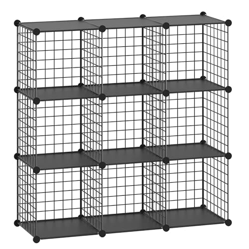 HUBSON Wire Cube Storage Organizer, Book/Toy/Craft/Potted Plants and petCloset Organizers and Storage Shelves, 9-Cube Freely Combinable Metal Grids Storage Shelf,Black Plus Iron - color: Black Plus Iron, size: 9 Cubes